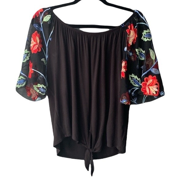 Kim & Cami Black Floral Sleeve Tie T-Shirt Blouse Size L - Picture 1 of 5
